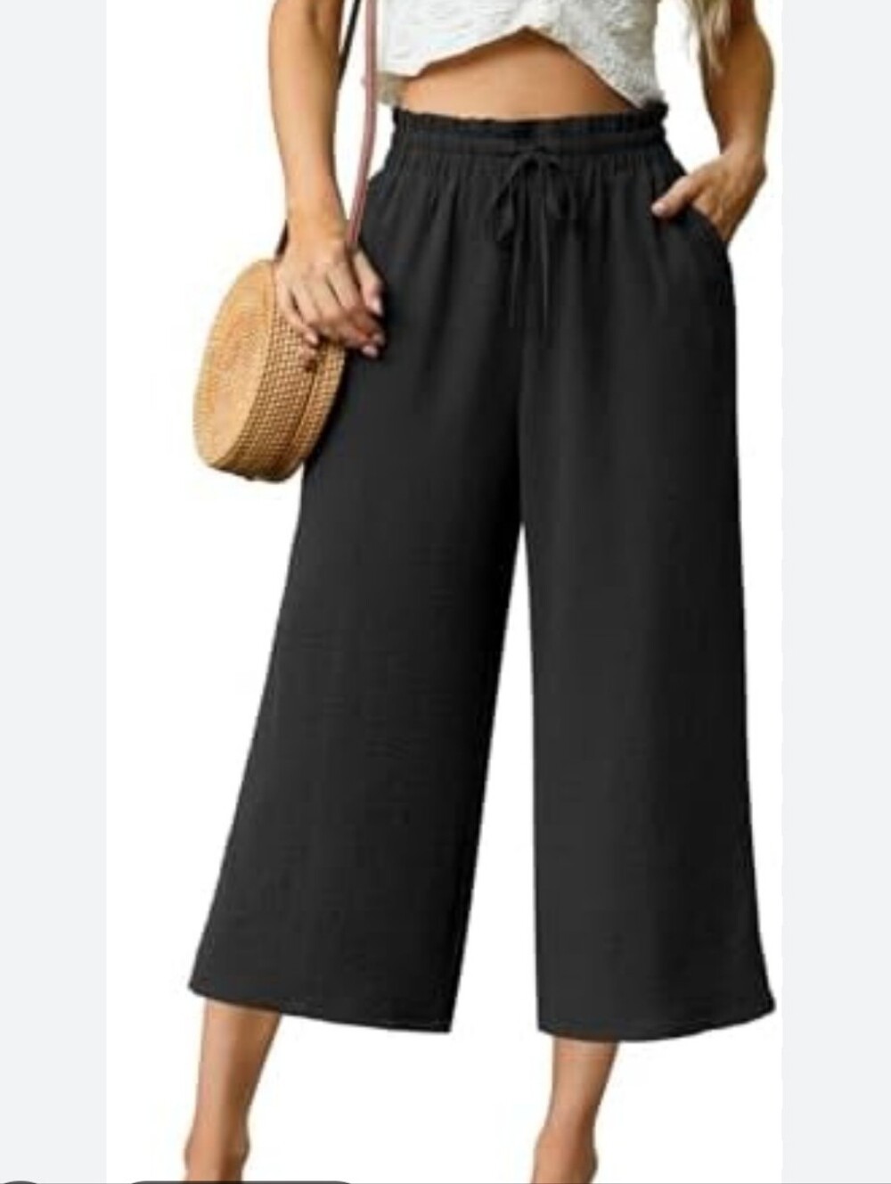 Freeoak Black Cropped Wide Leg Pants Sz Large Drawstring High Waisted